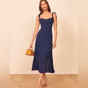 Reformation Nikita Navy Tie Shoulder Dress